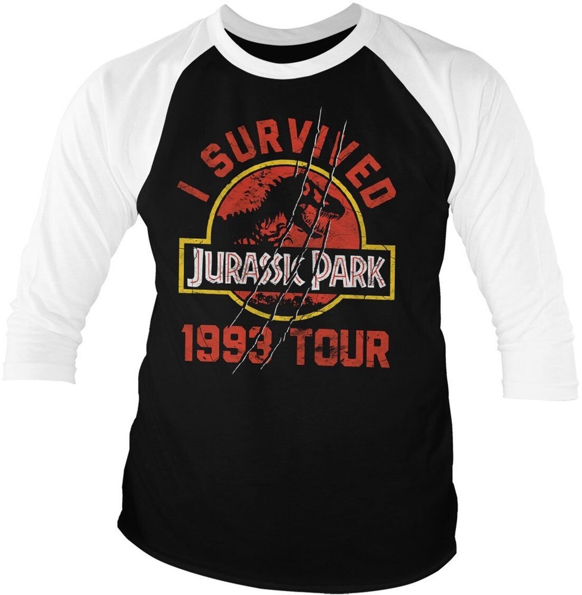 Jurassic Park 1993 Tour- Base-ball T-shirt met 3/4-mouwen, maat Longsleeves White/Black