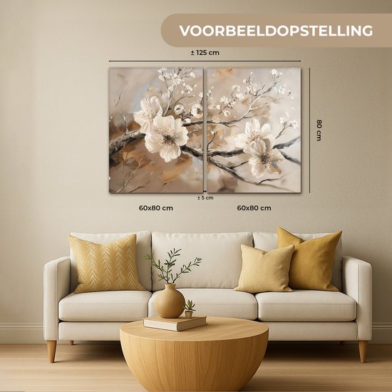 Tableau sur toile 120x80 cm - Décoration murale diptyque - Blossom - Beige - Abstrait - Fleurs - Décoration murale salon - Décoration chambre - Accessoires chambre - Peintures sur toile