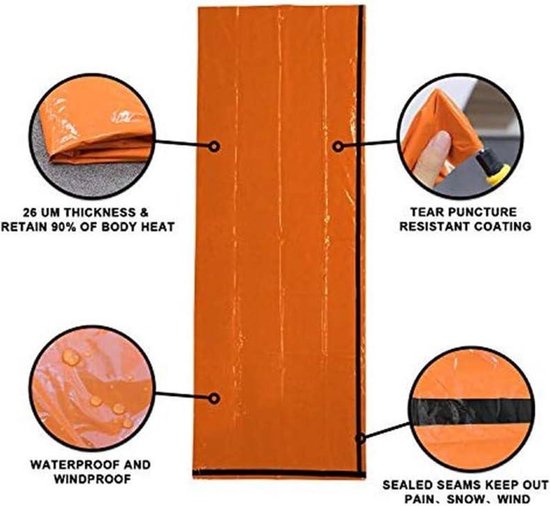 WNHB® Noodtent met nooddeken en slaapzak - 3 delige nooduitrusting - Waterdicht - Compact - Oranje — afbeelding 3