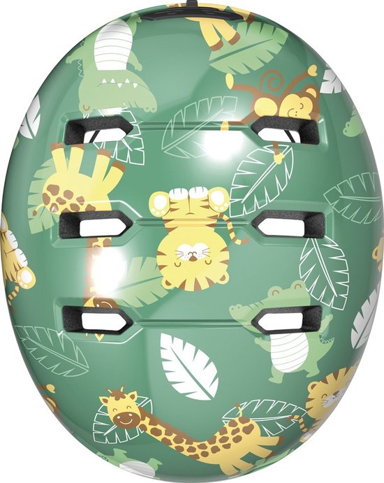 Groene kinderhelm met jungleprint, tijgers, apen, giraffen, krokodillen.