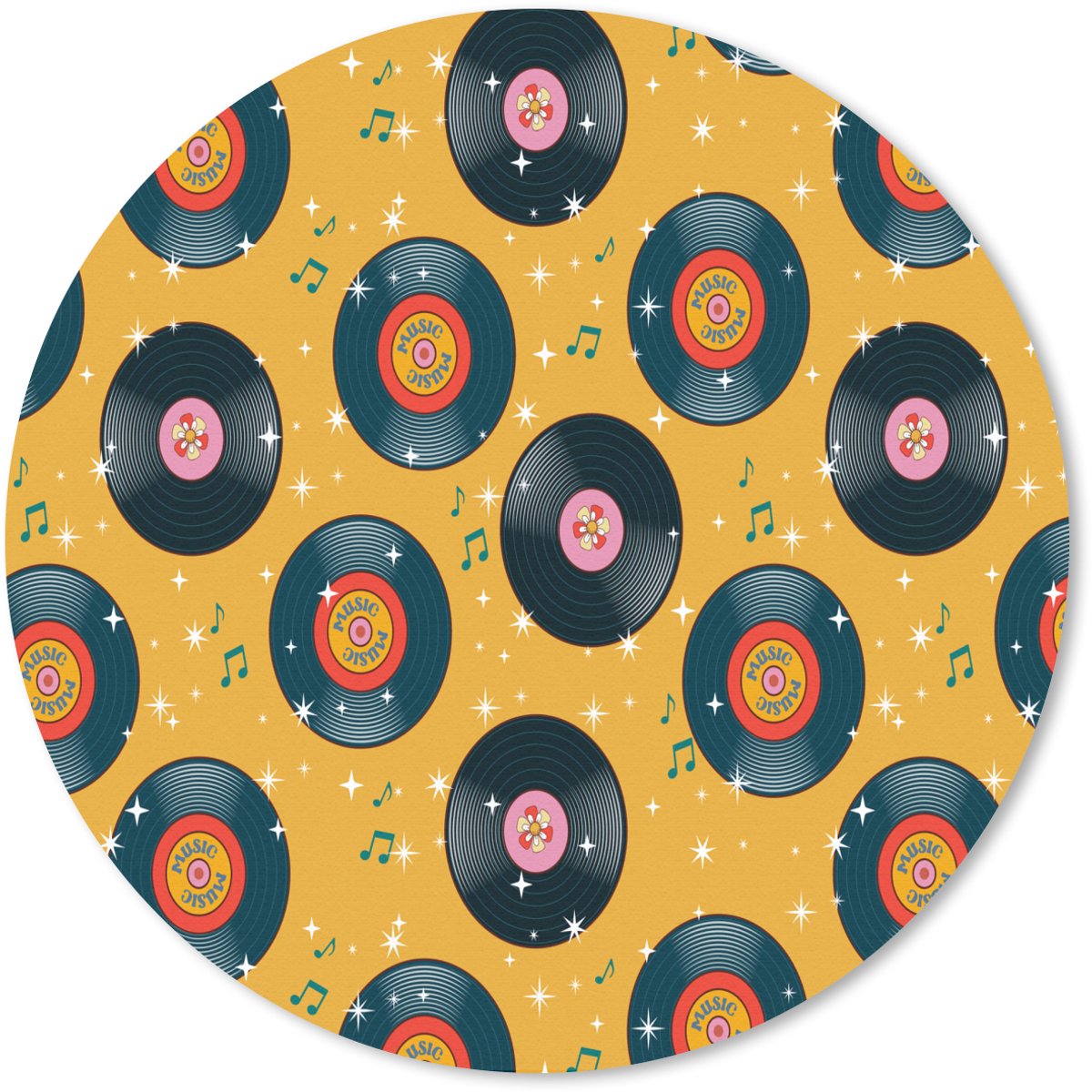 Muismat rond 30x30 cm - Mousepad Muziek - Patroon - Geel - Ronde muismatten