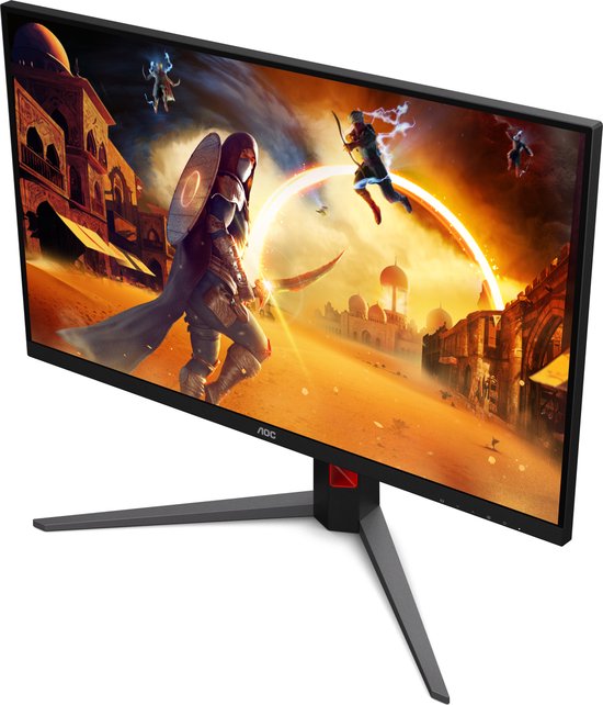 Schuin bovenaanzicht van een AOC gaming monitor met beeldscherm vol actie-game afbeelding.