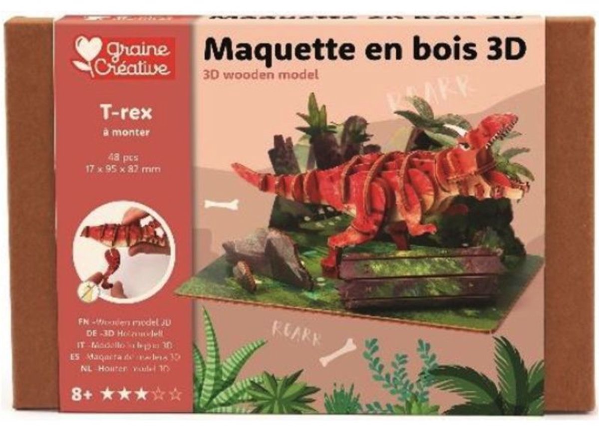 Graine Creative houten 3D puzzel T-Rex dinosaurus bouwset speelgoed.