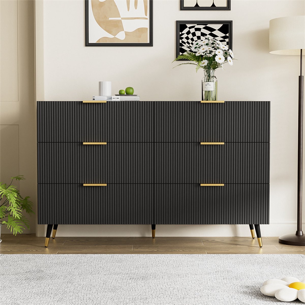 YEHTOKHOME Elegante Dressoir Kast met 6 lades - Ladekast met veel opbergruimte - Gouden metalen handvat - Metalen poten - 120 x 77 x 40 cm - Zwart