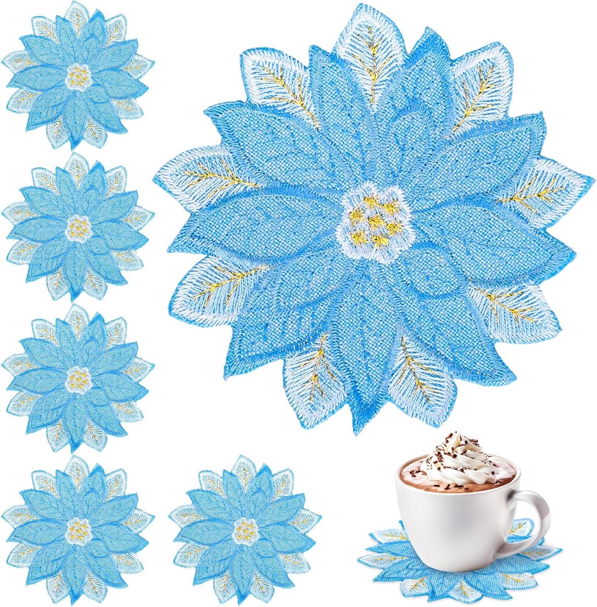 Daity 10 stuks geborduurde kerstonderzetters - dubbele onderzetters met appliqué van blauwe kerstster - onderzetters met kerstbloemen - geschikt voor wintervakanties - huis - keuken - tafeldecoraties (10 x 10 cm)