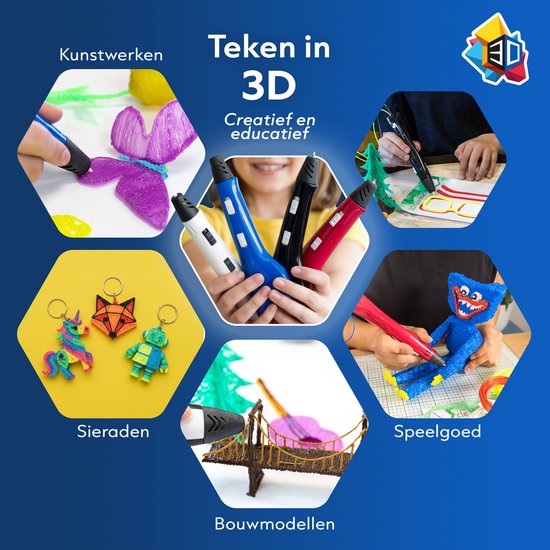 3D&Print 3D Pen Starterspakket XXL - Teken in de Lucht - Tekenset met 5x Sjablonen, 10x PLA Filament 1.75 mm - Educatief Speelgoed - Leren Tekenen - DIY Knutselen - 3D Printer - Cadeau voor Jongens en Meisjes - 3D-Pennen Navullingen - Blauw