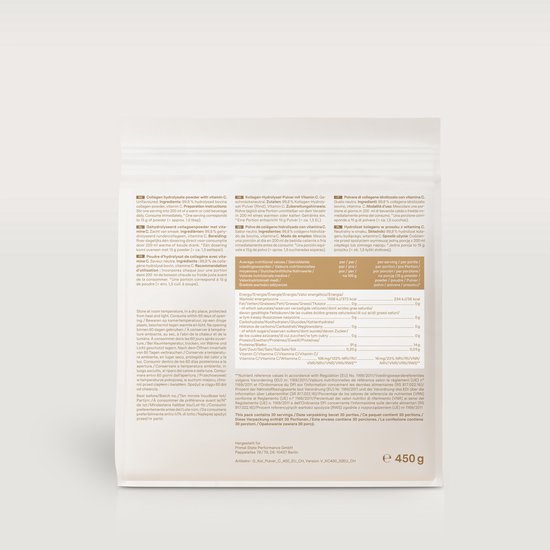 Achterkant van een pak Glow25 "Collagen Powder" met voedingswaarde-informatie.