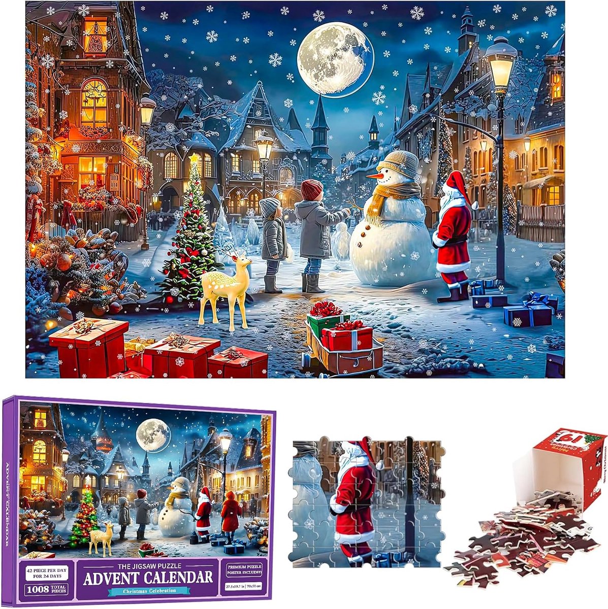 Kerstadventskalender 2025 legpuzzels voor kinderen - adventskalender - adventskalender 2025 - 27 x 19 inch Xmas adventskalender puzzels 1008 stukjes - 24 dagen verdeeld in 24 dozen - kerstpuzzels aftelkalender voor volwassenen kinderen