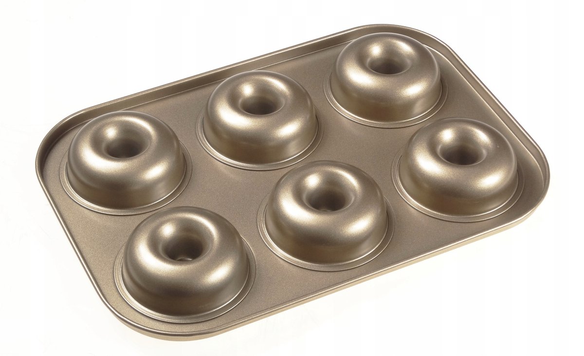 Donutvorm voor 6 donuts, anti-aanbak, metaal, goudkleurig