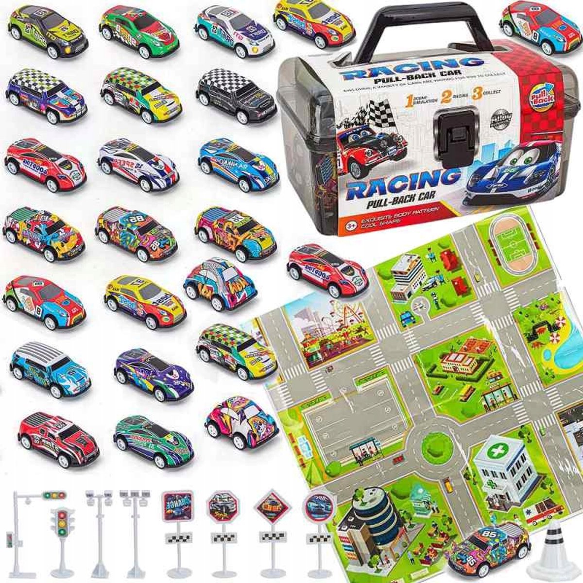 Grote Autootjes Set met Speelmat in etui - 25 stuks