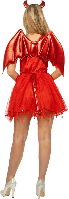 Vrouw in rood duivelsjurkje met vleugels, tiara en tutu, rug aanzicht.