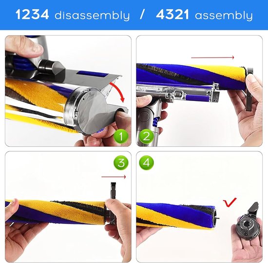Stapsgewijze handleiding voor het demonteren en monteren van de gele en blauwe stofzuigerborstel.