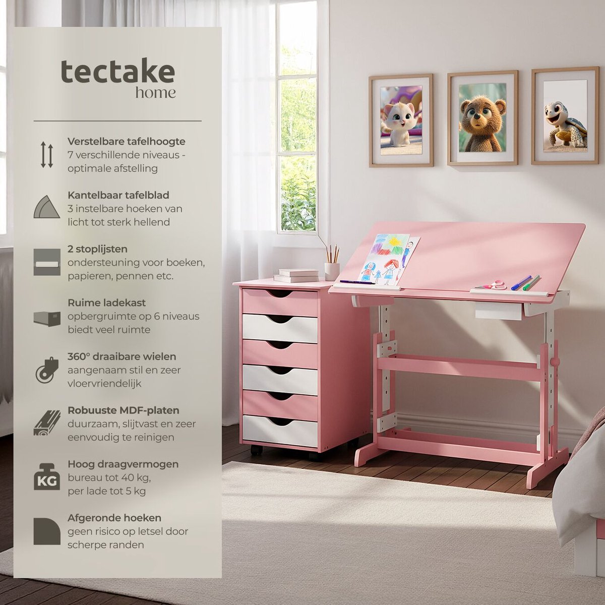 Witte Tekentafel-kinderbureau in de hoogte verstelbaar en kantelbaar tafelblad BARU