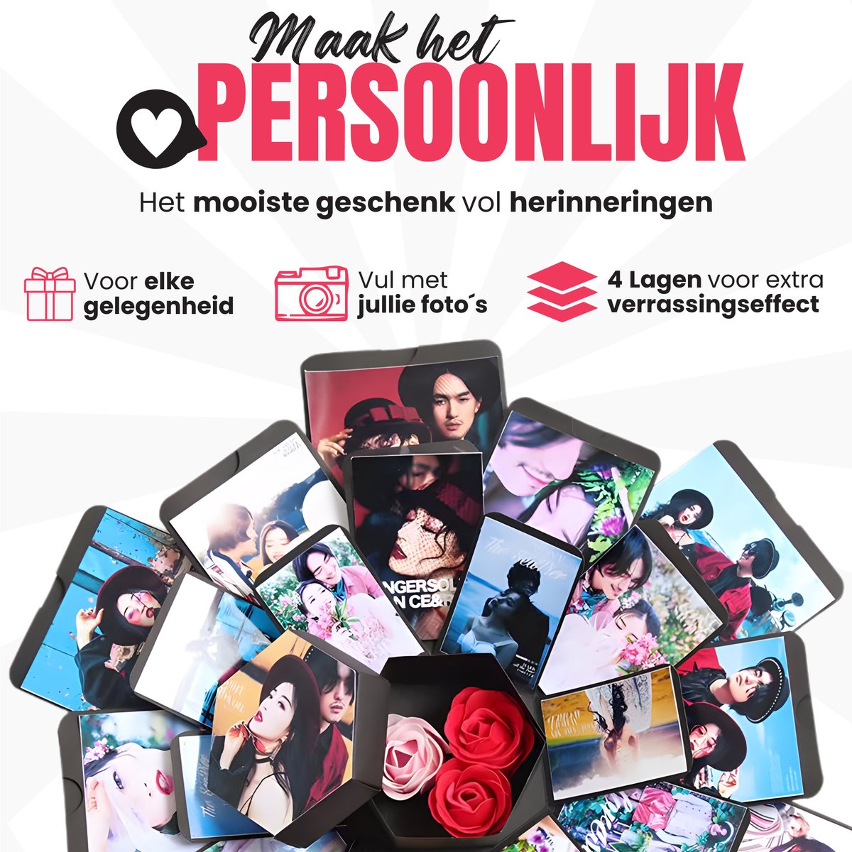 WoniQ Explosion Box - Foto box - Mystery Box - Unieke Geschenkdoos - Explosie box - Foto Doos - Knutselen - Cadeau voor Man en Vrouw - Inclusief Handleiding + Bonus stickervellen en plakband — afbeelding 3
