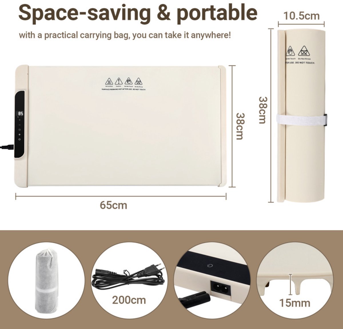 Elektrische- Warmhoudplaat -Voedselverwarmer - Siliconen - Opvouwbaar - Draagbaar - Instelbare - Temperatuur - Volledig - Verwarmend - Oppervlak- 240W -65x38cm-Beige