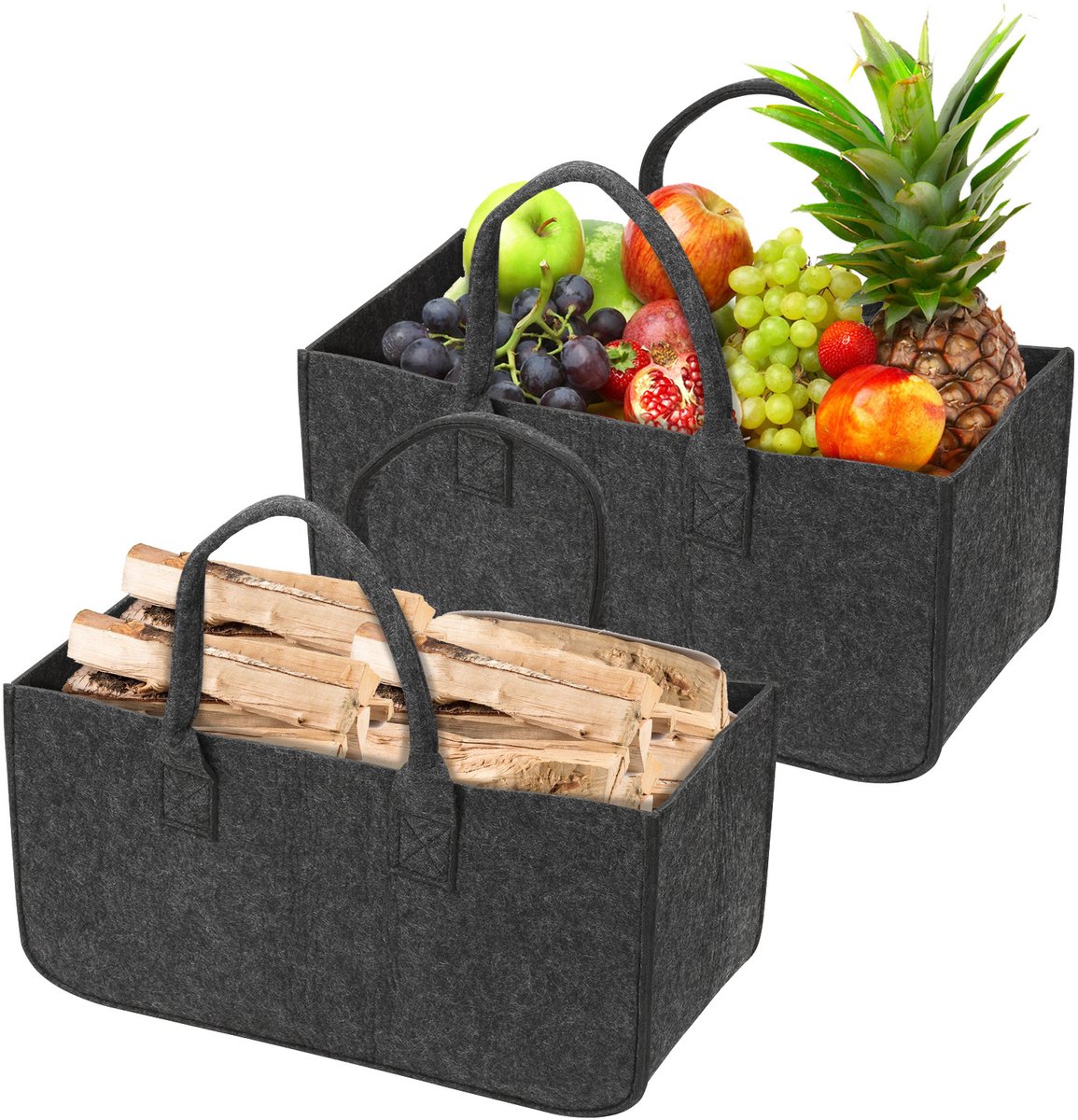 2x Houtmand vilt Donkergrijs- Brandhout mand - Haardhoutopslag voor kamperen - Houtmand voor binnen 50x25x25cm