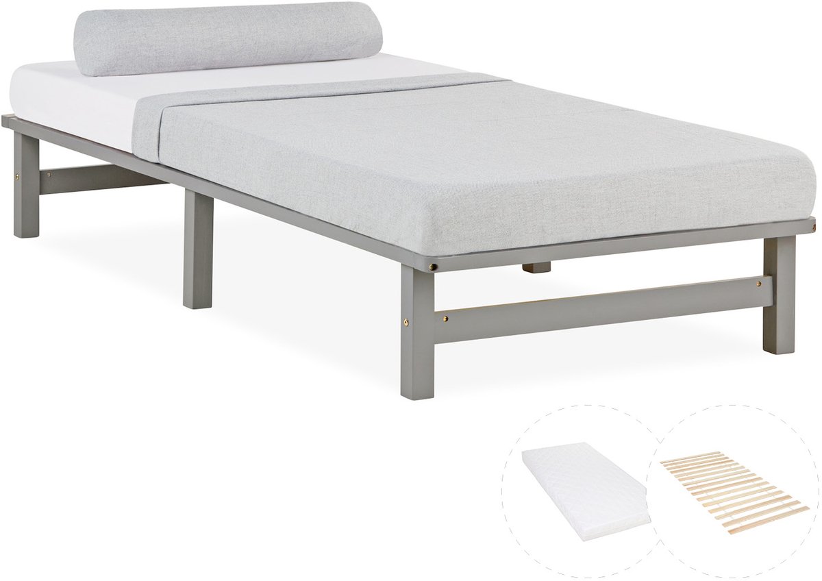 Homestyle4u Palletbed - 90x200 cm - Houten bed - met matras - Grijs