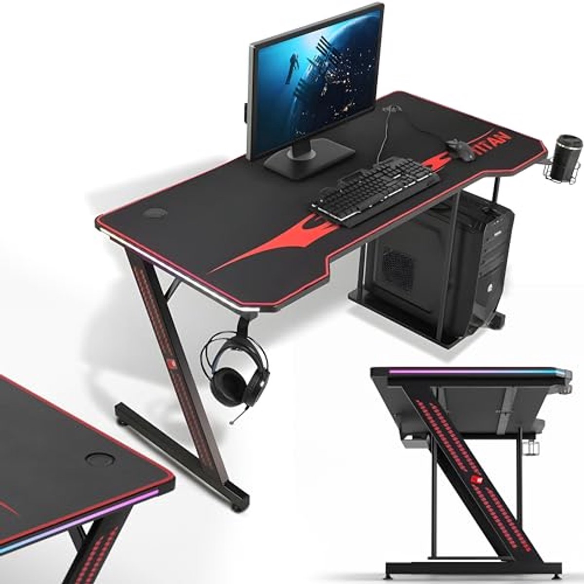 Gamingtafel met LED-verlichting en kleurverandering, 140 cm, hoofdtelefoon- en drankhouder, PC-houder, geavanceerd kabelmanagement