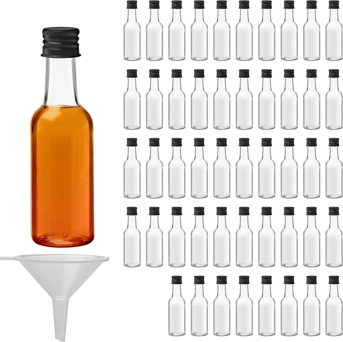 Orivio - Mini Likeur Flesjes (48 stuks) - Plastic 50ml Flesjes - Lege Alcohol Flesjes met Zwarte Schroef Dop - Vloeistof Trechter - Voor Schenken en Vullen - Huwelijk en Feest.