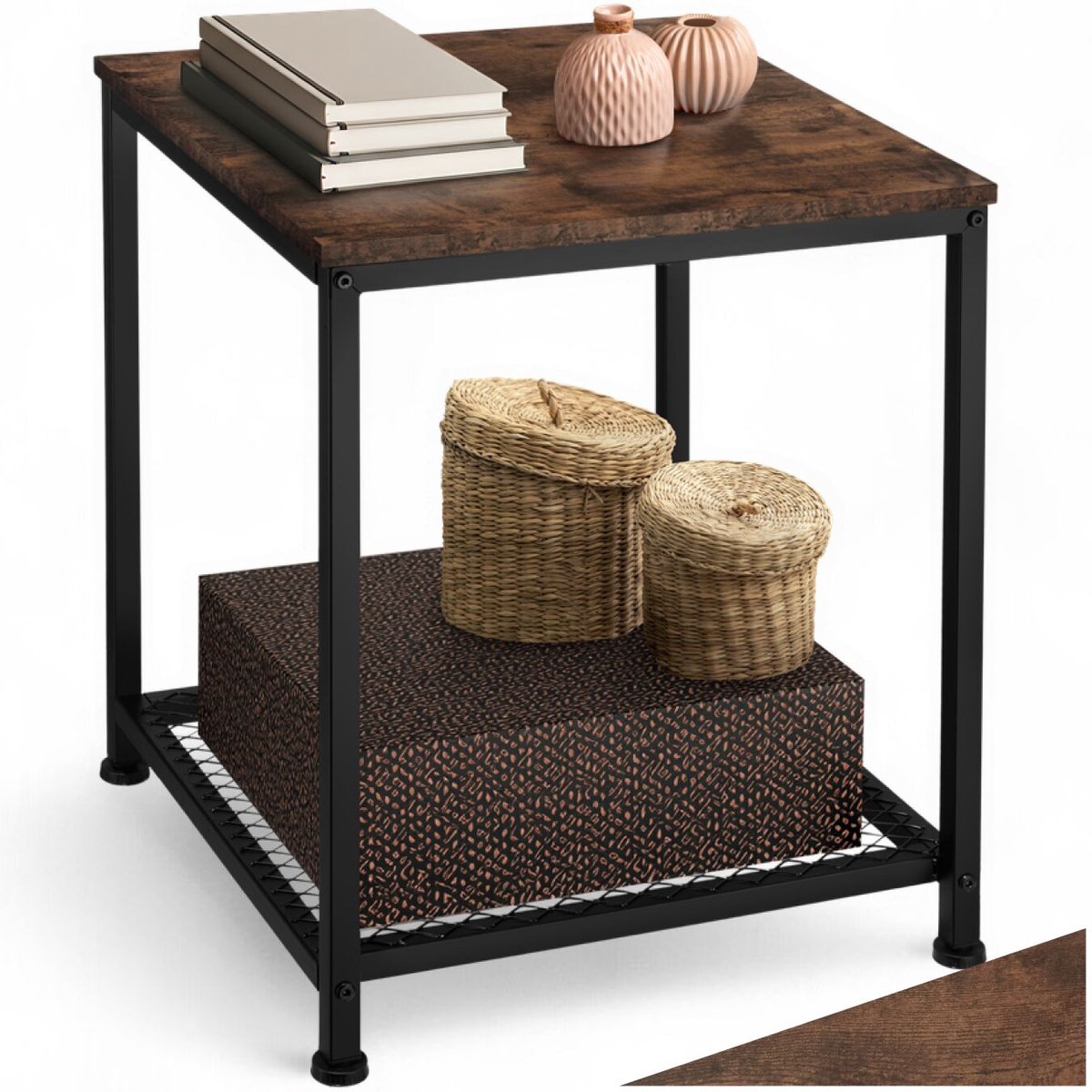 tectake® Bijzettafel van Hout en Metaal – Industrieel Design, Salontafel met Twee Niveaus, 45,5x45,5x55,5 cm, Voor Woonkamer of Slaapkamer, Zwart Metalen Frame – Industrial Dark Brown