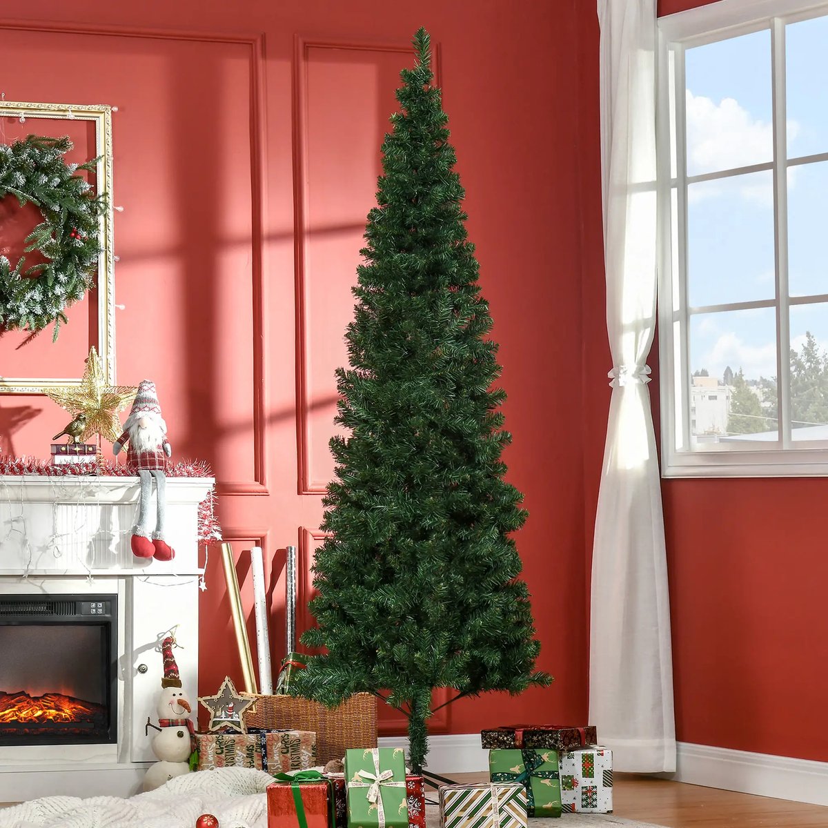 Pugsdrly Kerstboom Kunstmatige dennenboom Kunstmatige kerstboom, incl. voet, LED's, 2,1 m, 1 kerstster, groen
