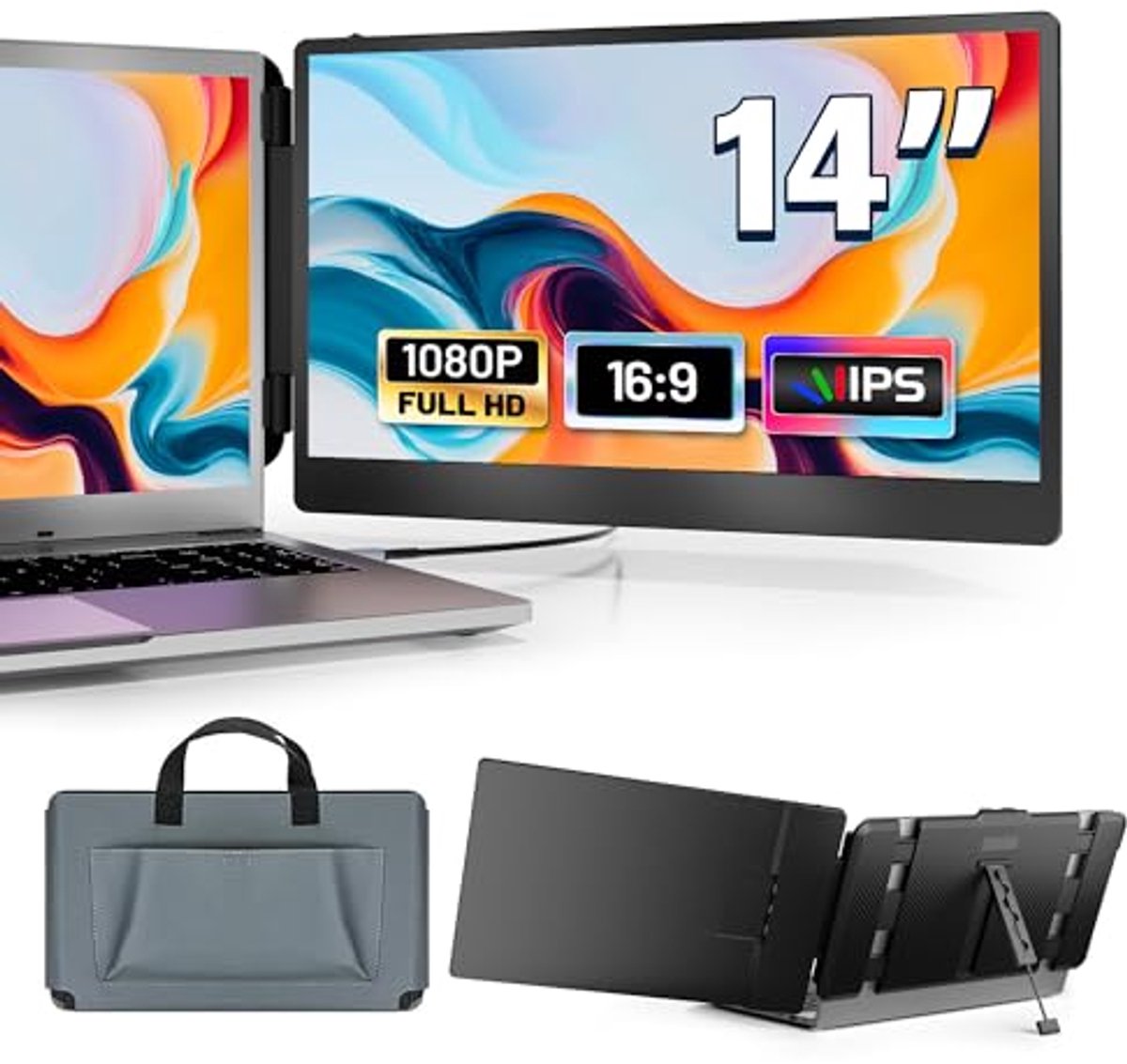 14 inch FHD 1080P IPS Laptop Monitor Extender - Plug and Play for Windows, Mac, Chrome, Android, Xbox, Switch, PS5