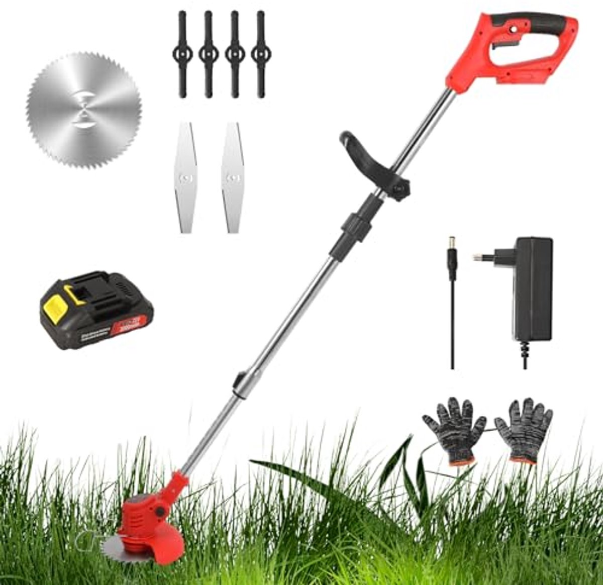 Draadloze Elektrische Bosmaaier 21V - Grastrimmer met 1 Accu & Oplader, Inclusief 3 Snijmessen voor Gazons en Landbouwgrond