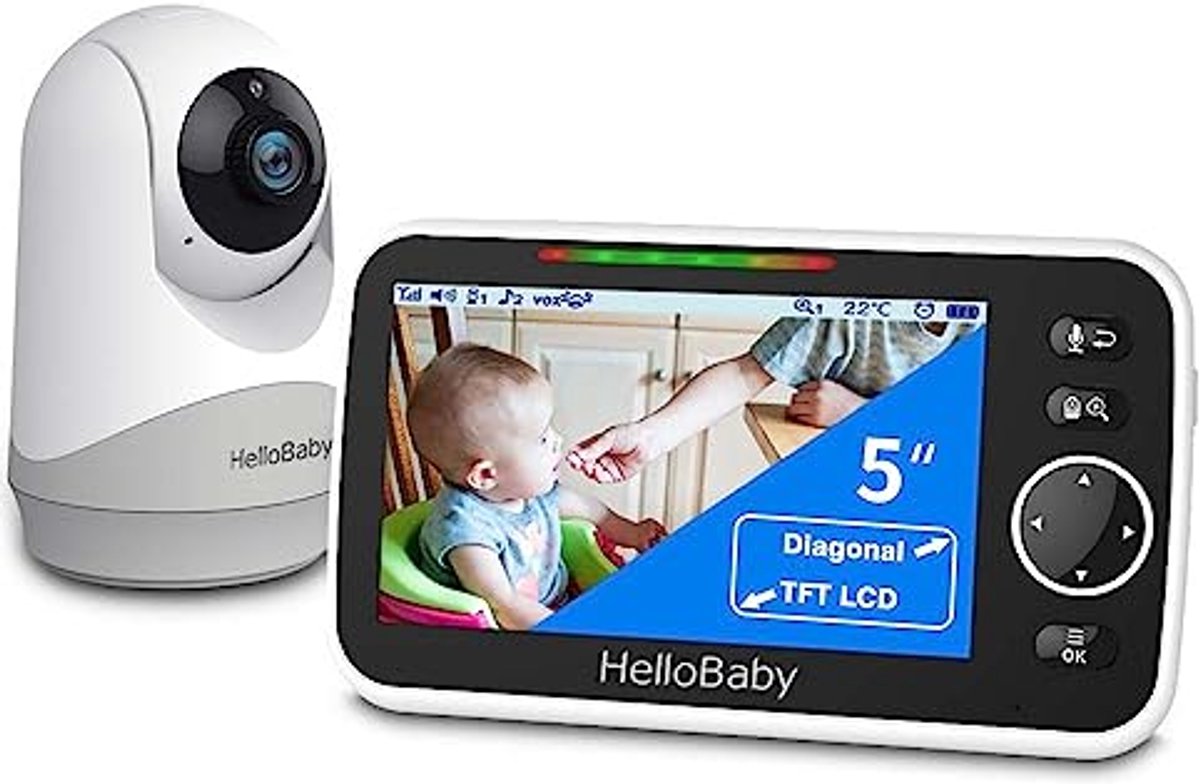 Babyfoon met camera en audio, 5 inch scherm, 3500 mAh batterij, Pan-Tilt-Zoom functie, tweerichtingsgesprek, ECO-modus en auto-nachtzicht