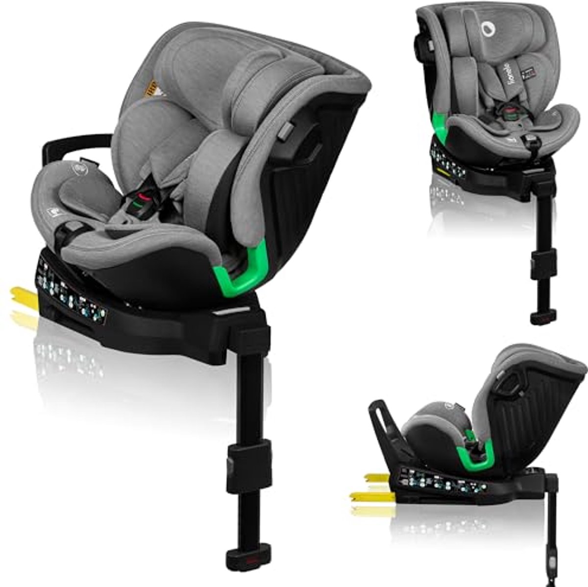 Image of 360° Draaibare i-Size Autostoel voor Kinderen (40-150 cm) – Groep 0/1/2/3 met ISOFIX en Steunpoot – RWF & FWF – 5 Ligstanden – Verstelbare Hoofdsteun – Gordelalarm – Bamboe Bekleding – Grijs