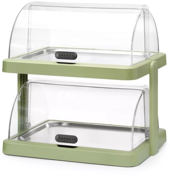 HENDI koelvitrine - ABS en PET - dubbel met roltopdeksel, 2-laags, koelen en presenteren - 48x35,5x48 cm - groen - voor buffet, met roestvaststalen schalen 40x30 cm