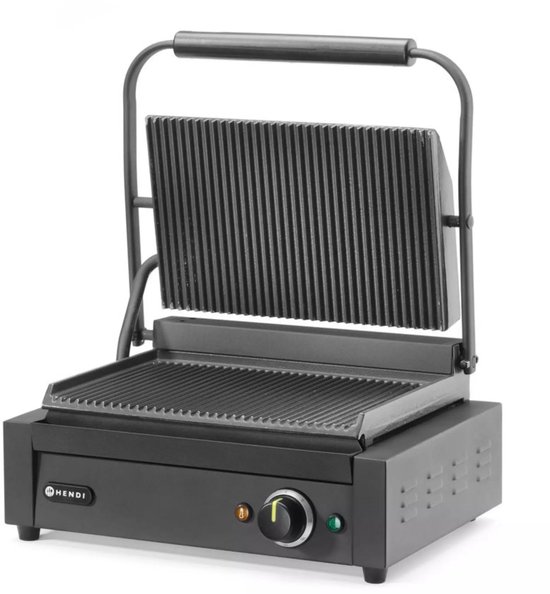 HENDI contactgrill - roestvast staal en geemailleerde gietijzeren platen - 34x23,4 cm - geribbeld - zilver - voor brood, vlees en groenten