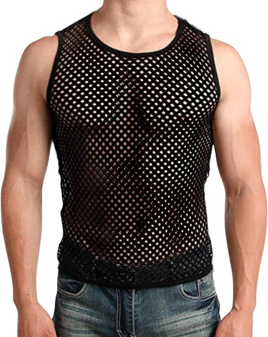Foto: Ronte mesh fishnet heren vest korte mouw sexy zomer top club party crop tops doorzichtige workout tank top met muscle fit
