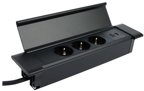 Zwarte platte stekkerdoos met klep, 3 stopcontacten en 2 USB-poorten.
