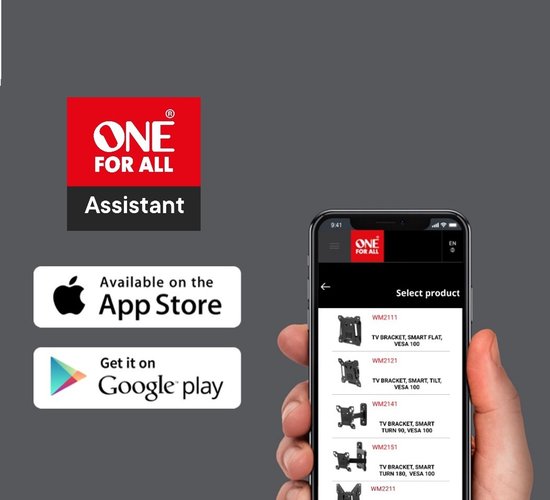 Smartphone met de One For All Assistant app, met opties voor TV-beugels.