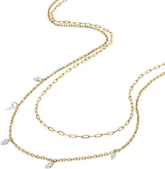 Gouden dubbel collier, bovenste ketting met grotere schakels, onderste met kristallen hangers.