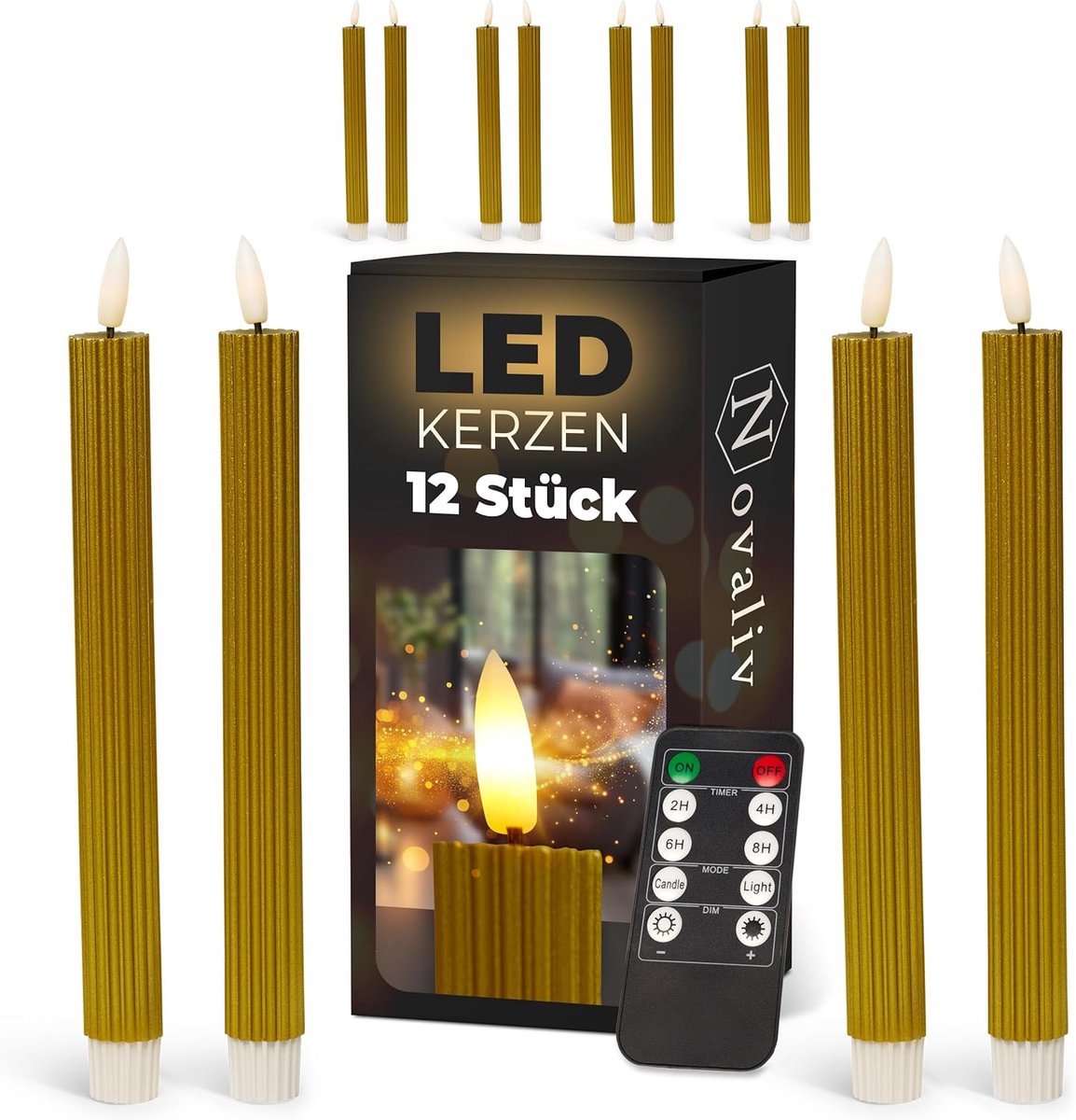 LED-kaarsen met timer GOUD 12 stuks binnen 6 uur ECHTE WAS geribbeld 23 cm hoogte voor kaarsen 2,2 cm diameter 2 AAA-batterijen vereist LED-kaarsen set van 2 GOUD (drie keer) bewegende vlam