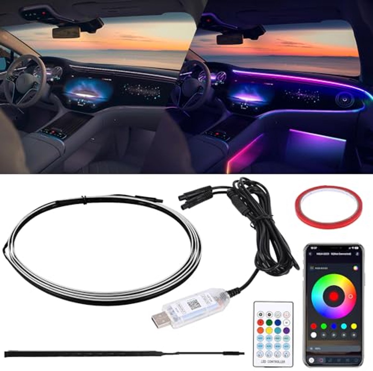 Led binnenverlichting voor auto met RGB sfeerverlichting - 3 Controlemethoden, USB Neonlicht Strip