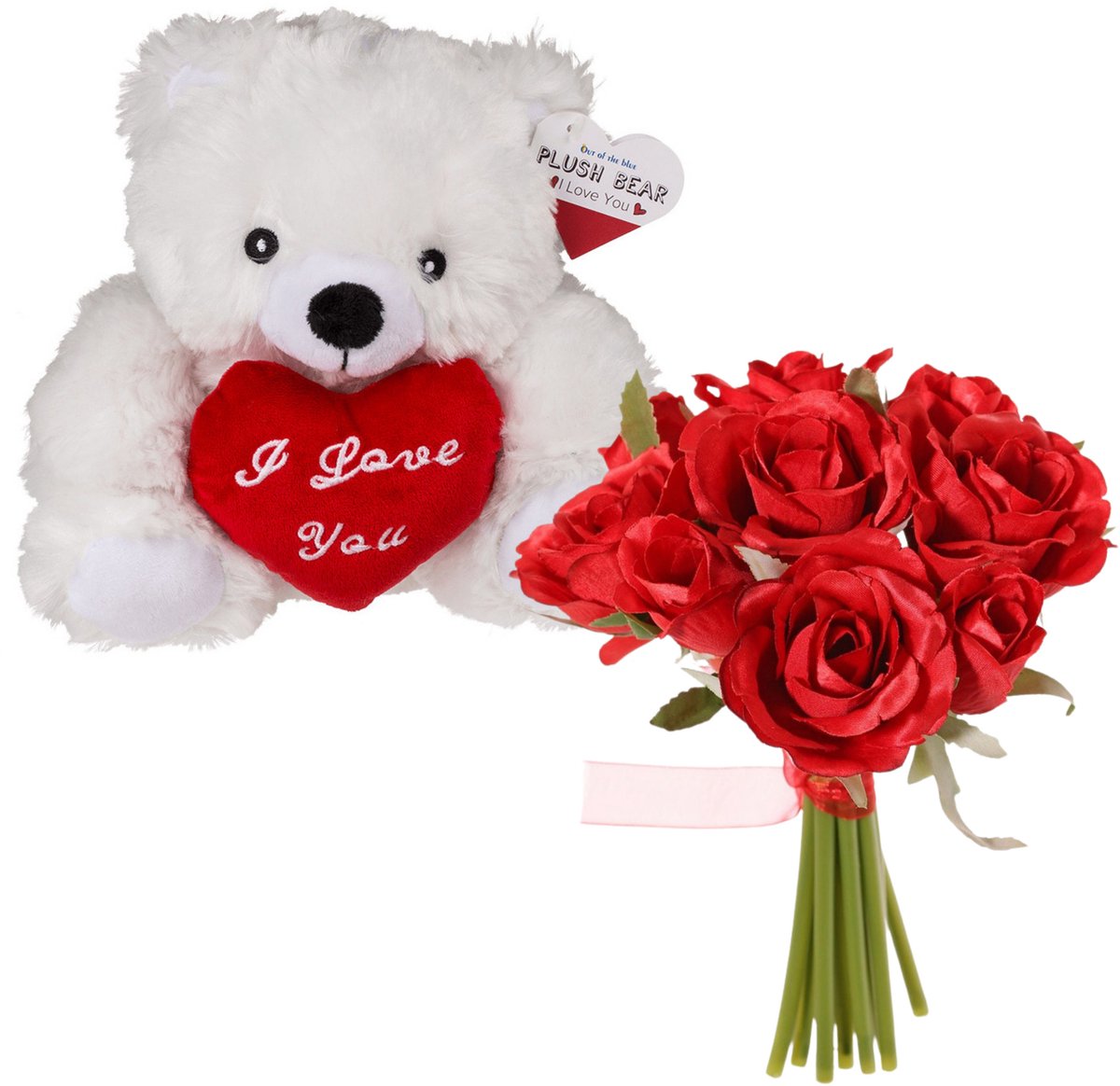 Valentijnscadeau - Beertje en rozenboeket - kunstbloem - rood - cadeau - romantisch
