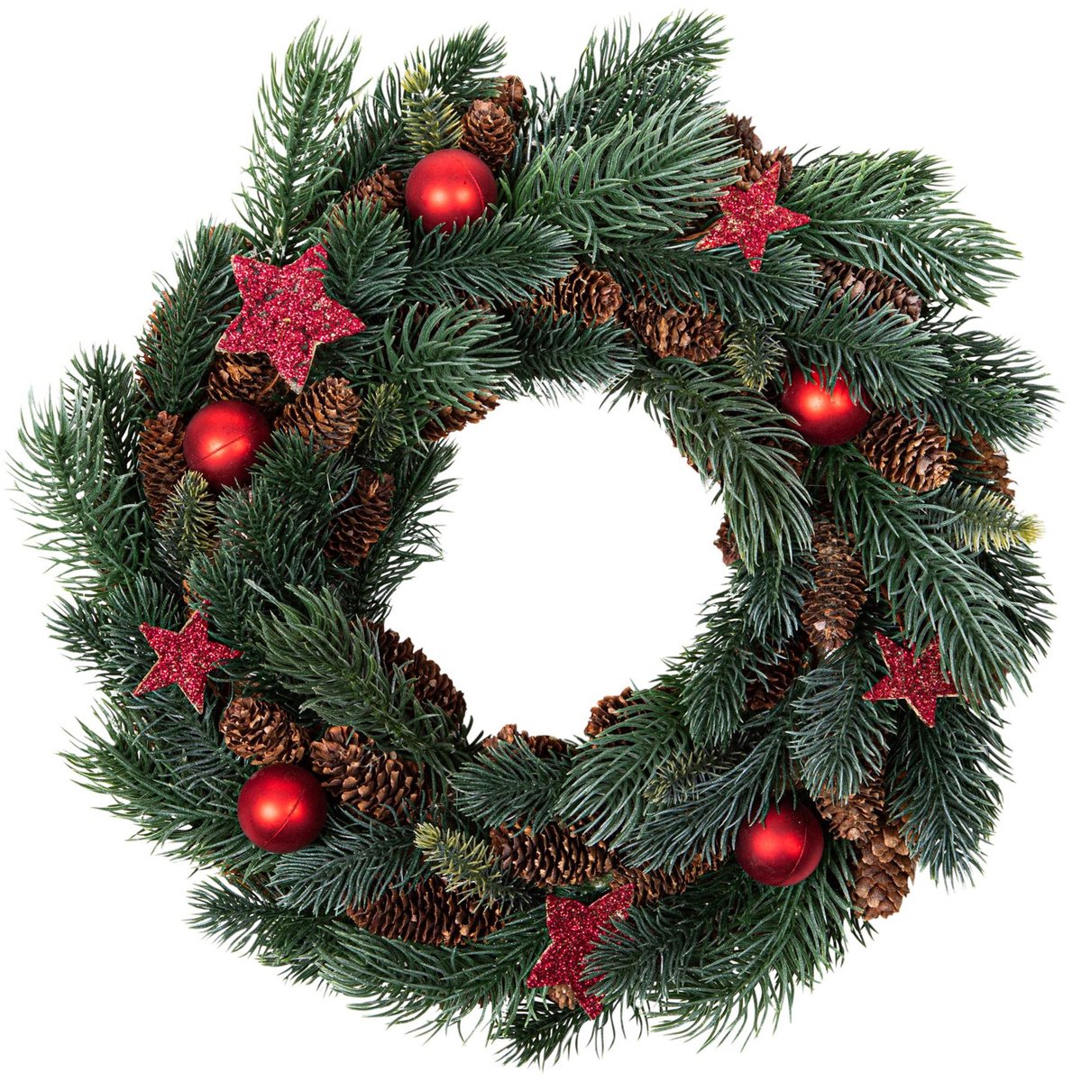 HI Kerstkrans - gedecoreerd - D34 x 8 cm - rood - dennenappels - kunststof - kerstdecoratie - kerstversiering