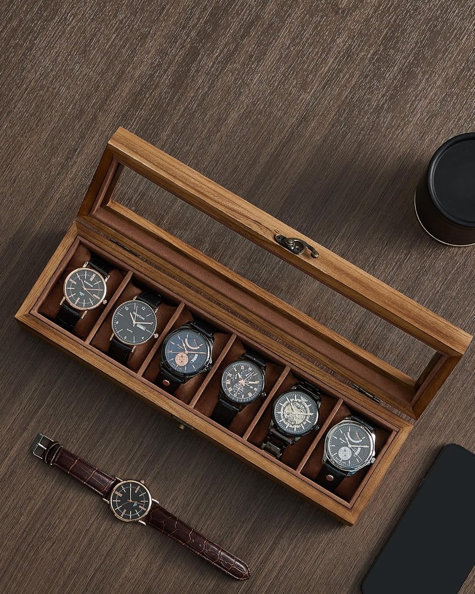 Horlogedoos met 6 vakken, horlogekast, massief houten horlogedoos, organizer met glazen deksel, horlogedisplaydoos met uitneembare kussentjes, cadeau-idee, rustiek notenhout