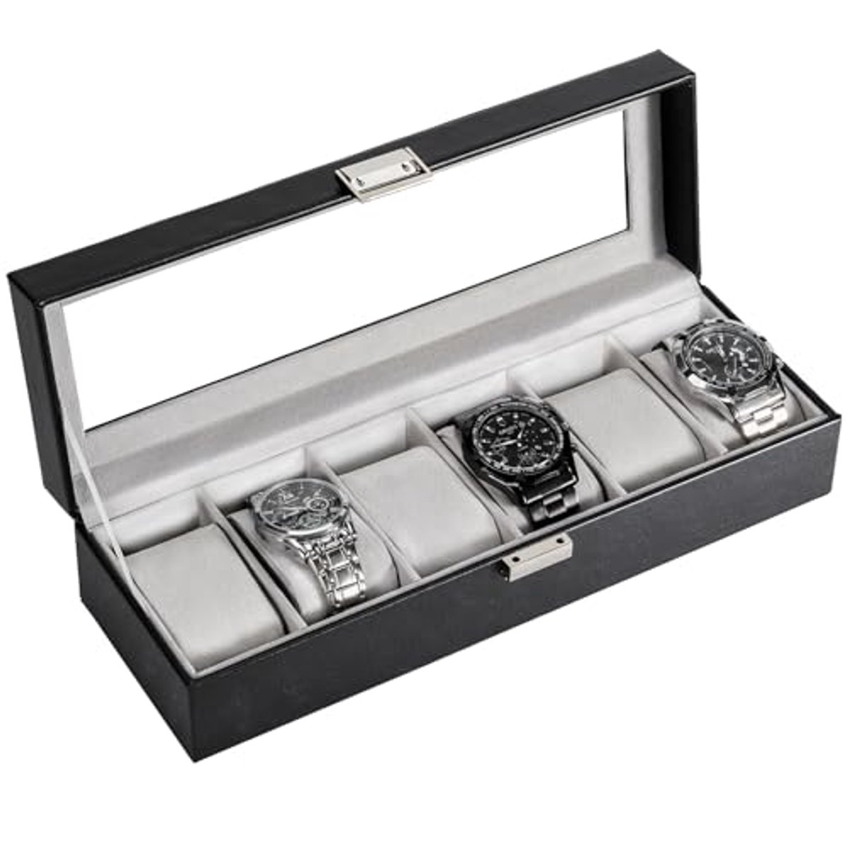 Horloge Box met 6 Compartimenten, Premium Horloge Opberger met Glazen Deksel