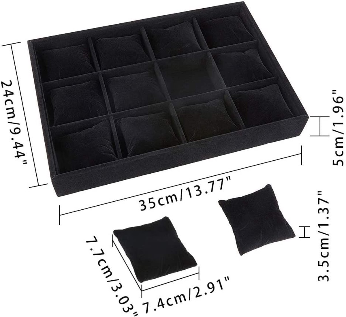 Horlogedienblad met 12 Sleuven - Fluwelen Sieradentrays en Showbox, Stapelbaar en Modern Zwart