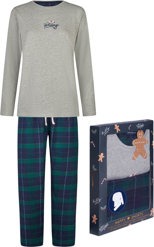 Happy Shorts Dames Kerst Pyjama Set Shirt + Broek Giftbox Grijs/Groen Geruit Flanel - Maat L