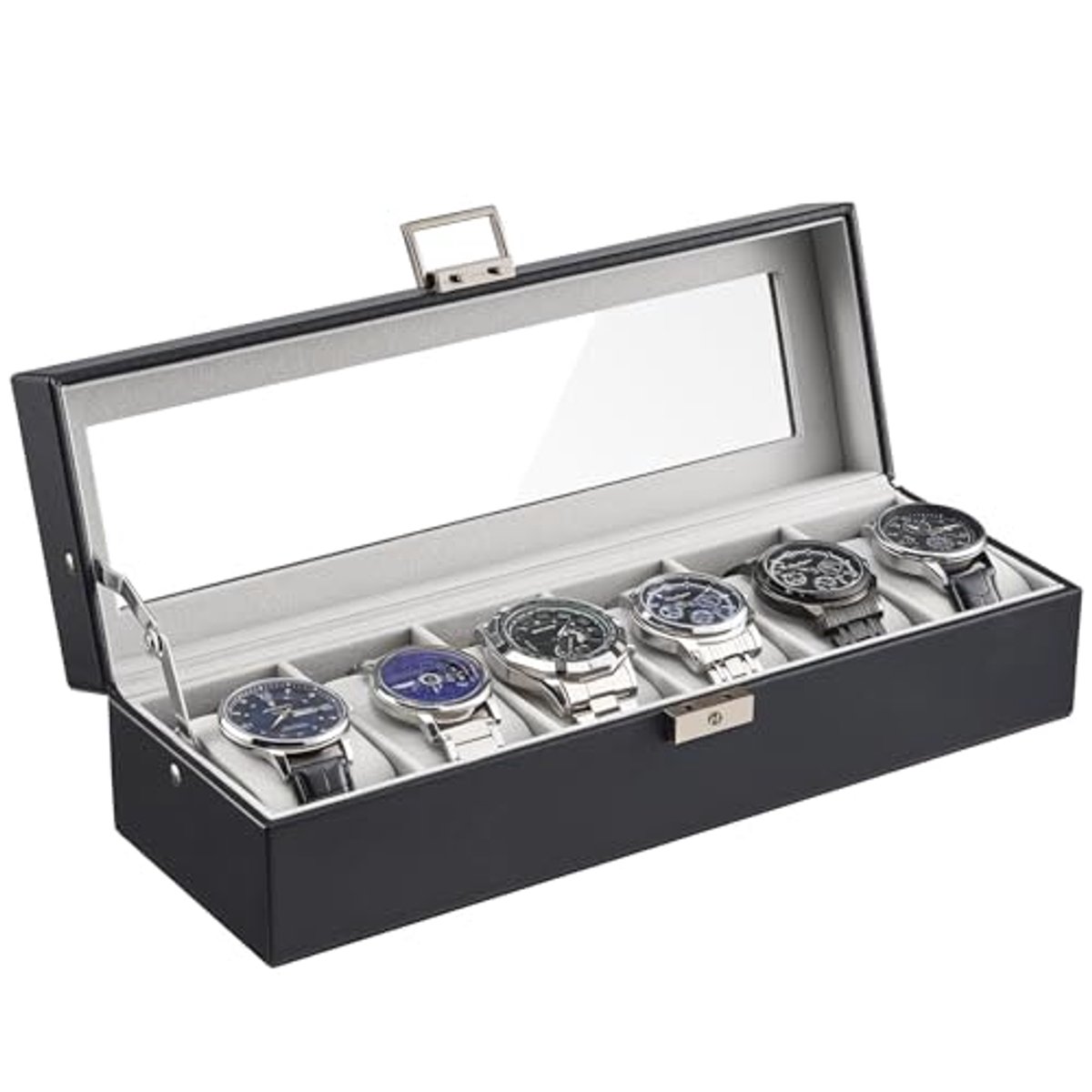 Watch Box met 6 Compartimenten voor Horloges - Draagbare Horloge Organizer van PU Leer - Antistof en Krassen, Zwart