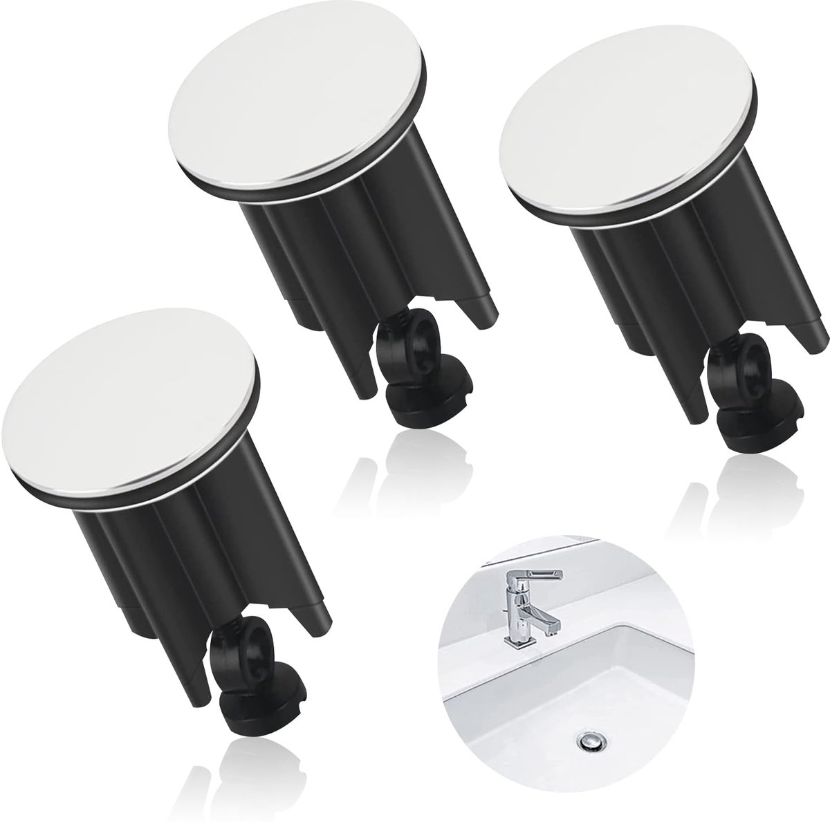 Set of 3 Basin Plugs, Drain Plugs, Bath Plugs, Universal Sink Drain Plugs, for All Standard Sinks and Bidets, xq-saizi3ge