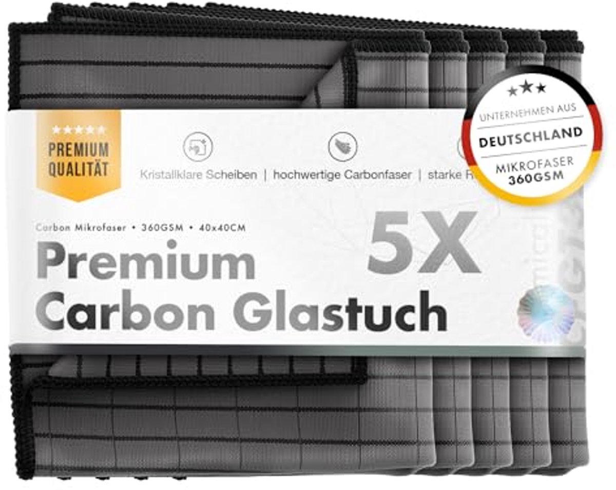 Premium carbon microvezeldoeken set van 5 voor heldere autoruiten zonder strepen