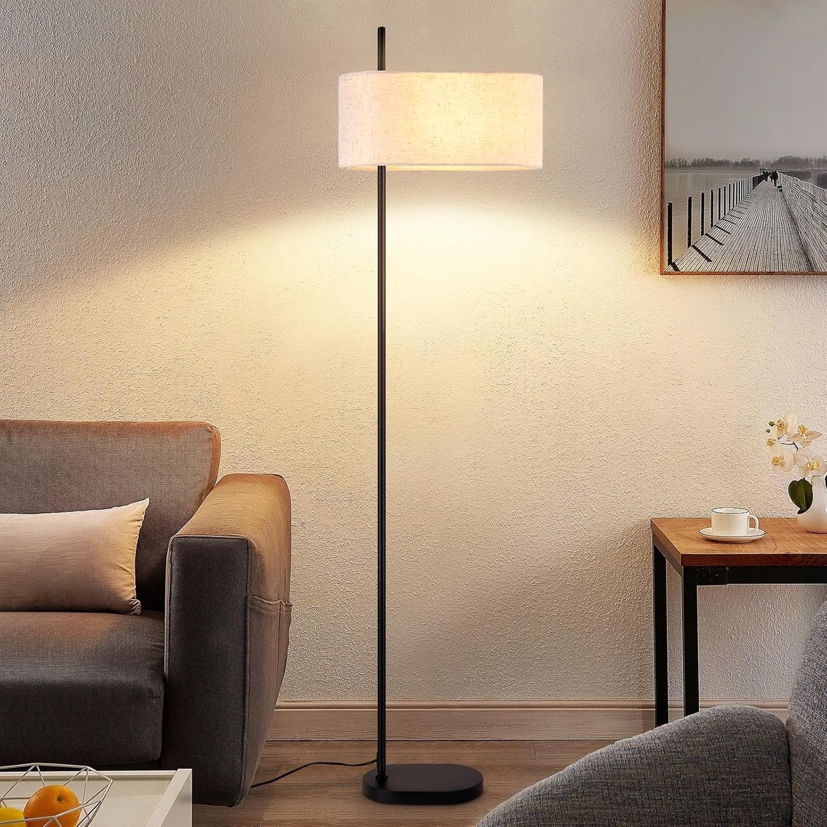 Glitzerlife Vloerlamp - Zwart Vintage Retro Industrieel - Met Stoffen Kap E27 Fitting - Leeslamp met Voetschakelaar - Exclusief Lichtbron - Voor Woonkamer, Slaapkamer, Werkkamer & Kantoor