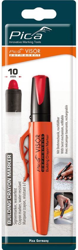 Oranje Pica VISOR "BUILDING CRAYON MARKER" met rode dop en clip. Beschrijving 'Pica Germany'.