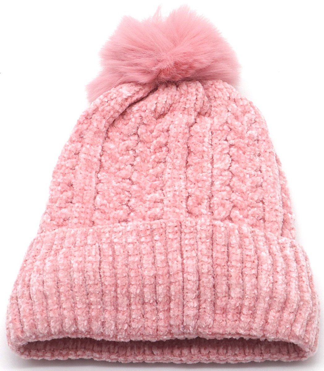 Roze beanie met pompon - roze muts - one size