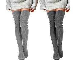 longziming -Dames Dijhoge Sokken – Gebreide Lange Warme Sokken – Zachte Acrylvezel – Elastisch & Comfortabel – Wintermode – Donkergrijs + Lichtgrijs – Eén Maat – 2 Paar